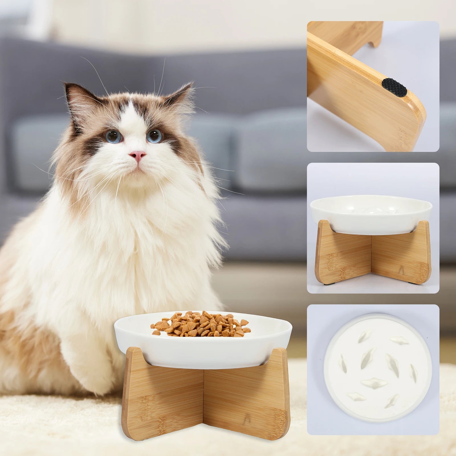 Gamelle Surélevée En Céramique Pour Chat – Support Bois, Anti-Vomissement
