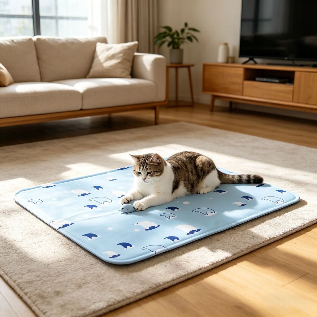 Chat allongé sur le tapis rafraîchissant Félia
