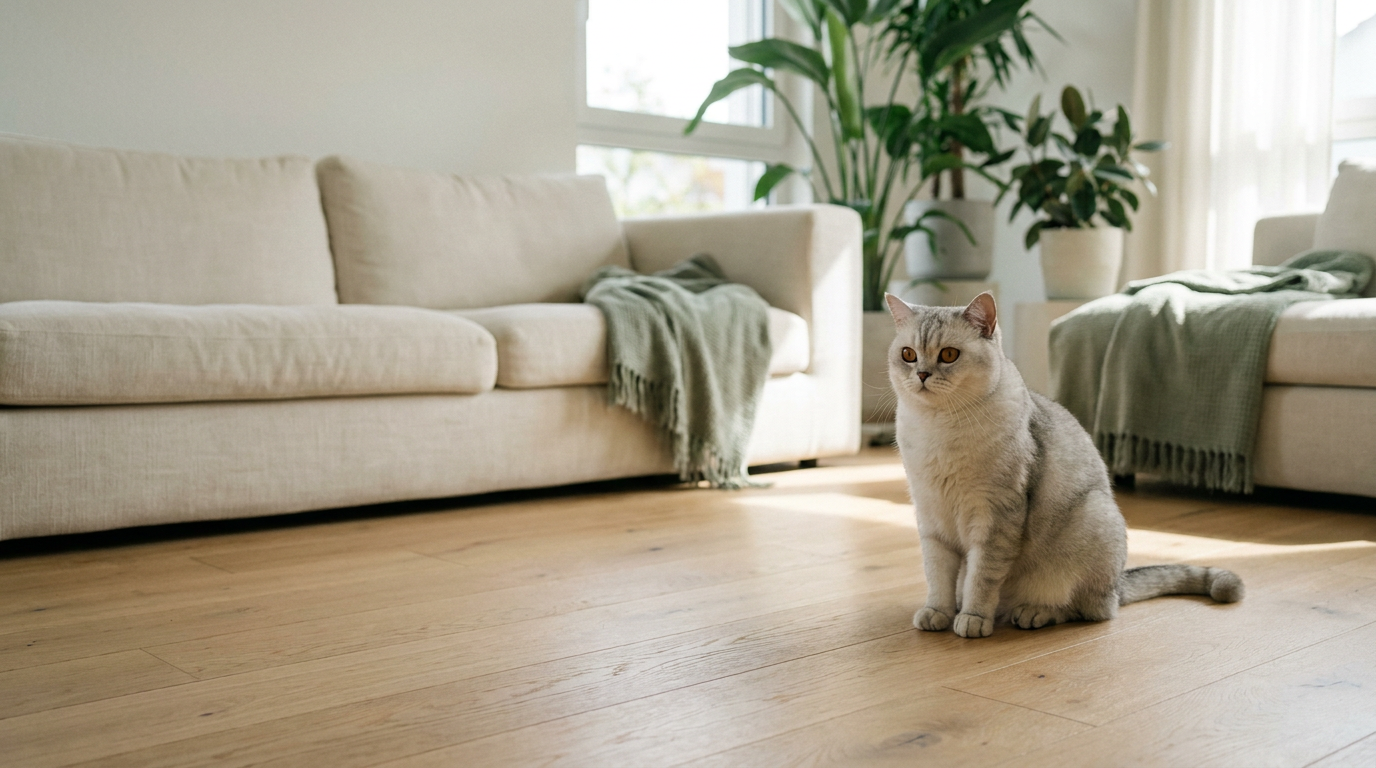 Chat gris dans un salon suisse lumineux - Félia